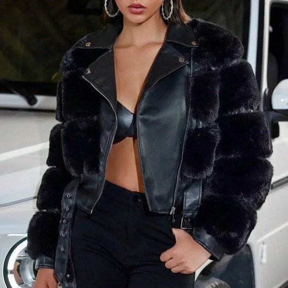 Black Casual Women's Faux Fur Faux Leather Patchwork Fitted Warm Jacket - Picture 2 of 6